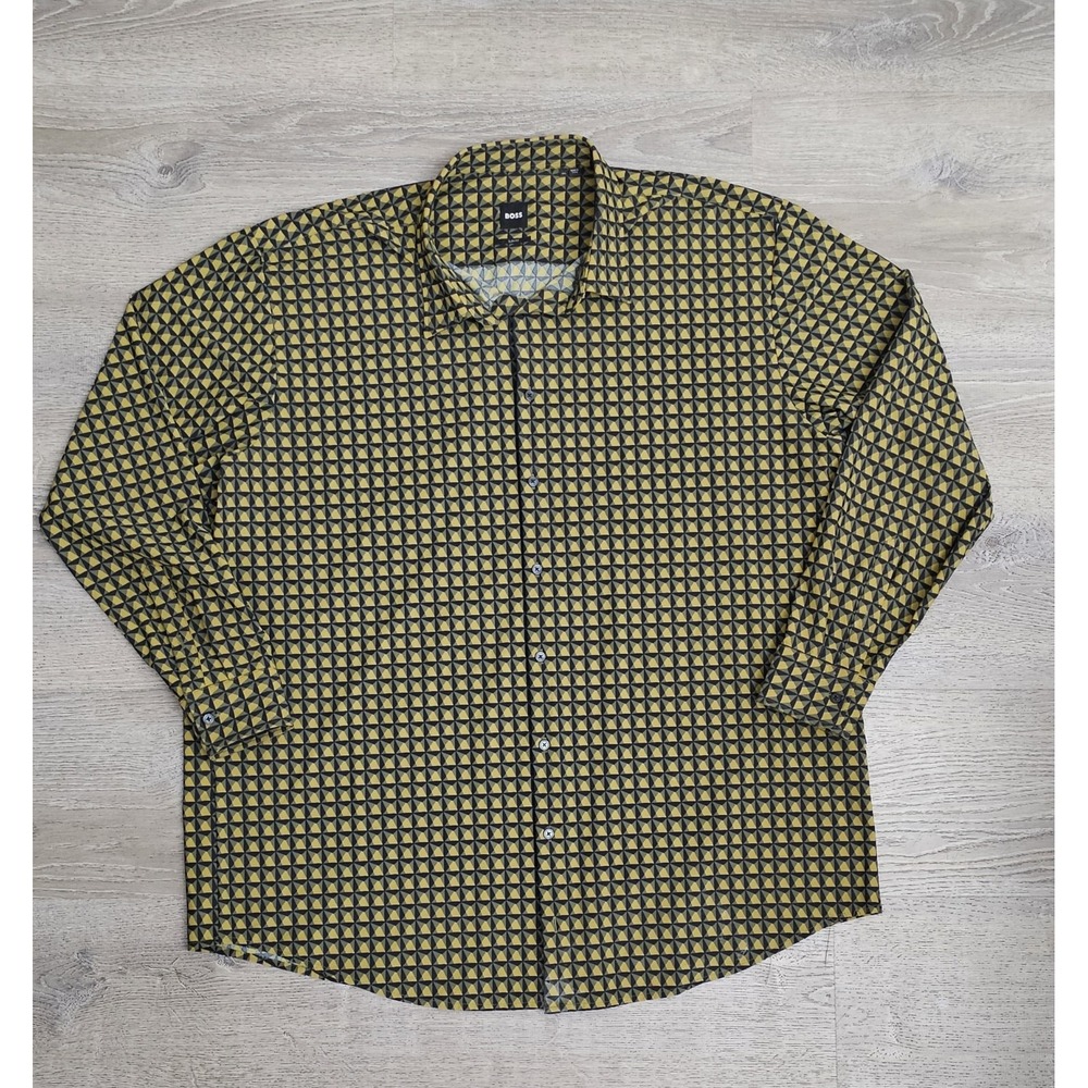 BOSS Hugo Boss Men's Slim Fit 4XL Green Black Geometric Long Sleeve Modern Shirt